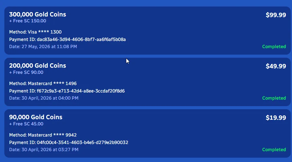 SpinBlitz: Completed Gold Coin purchases: 300k, 200k, 90k GC with free SC bonus