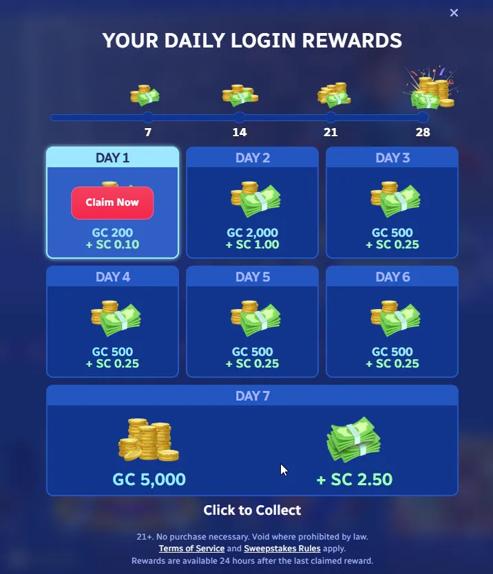 SpinBlitz: Daily login rewards calendar offering GC and SC across days 1 through 7