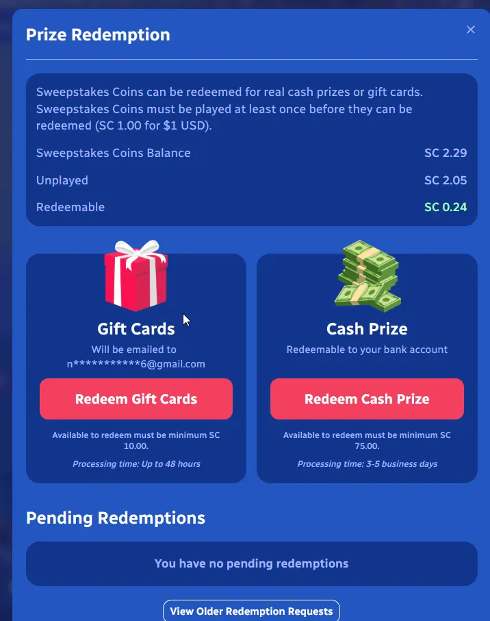 SpinBlitz: Prize Redemption rules: SC 2.29 balance, SC 0.24 redeemable, gift card and cash minimums