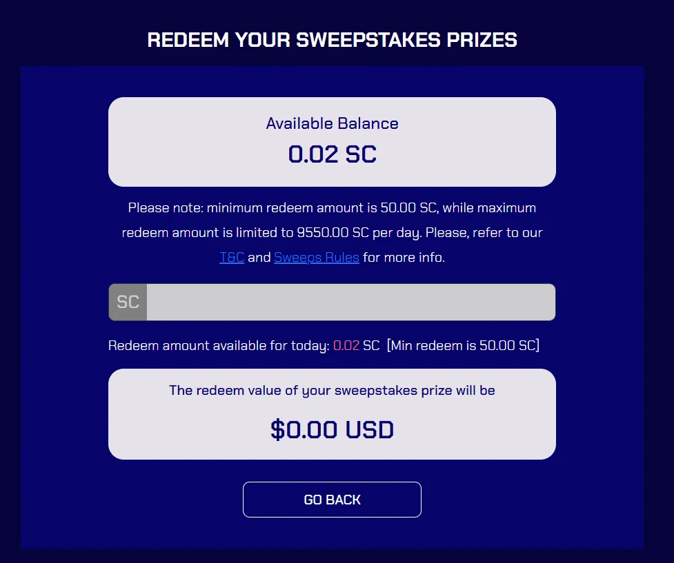 Sportzino: Redeem screen: 0.02 SC balance, 50.00 SC minimum redeem, $0.00 USD redeem value