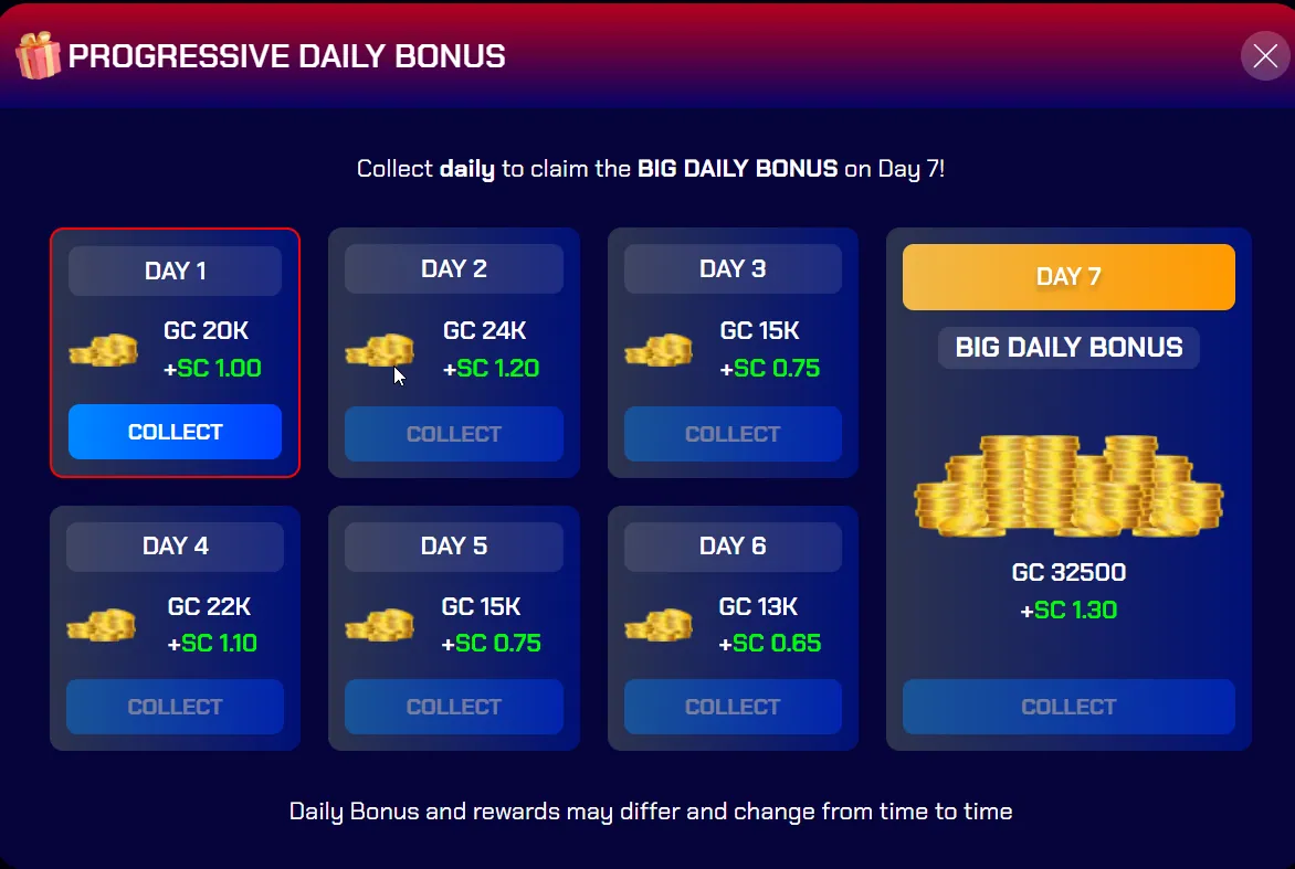 Sportzino: Progressive daily bonus popup, Day 1-7 ladder of GC and SC rewards with collect buttons