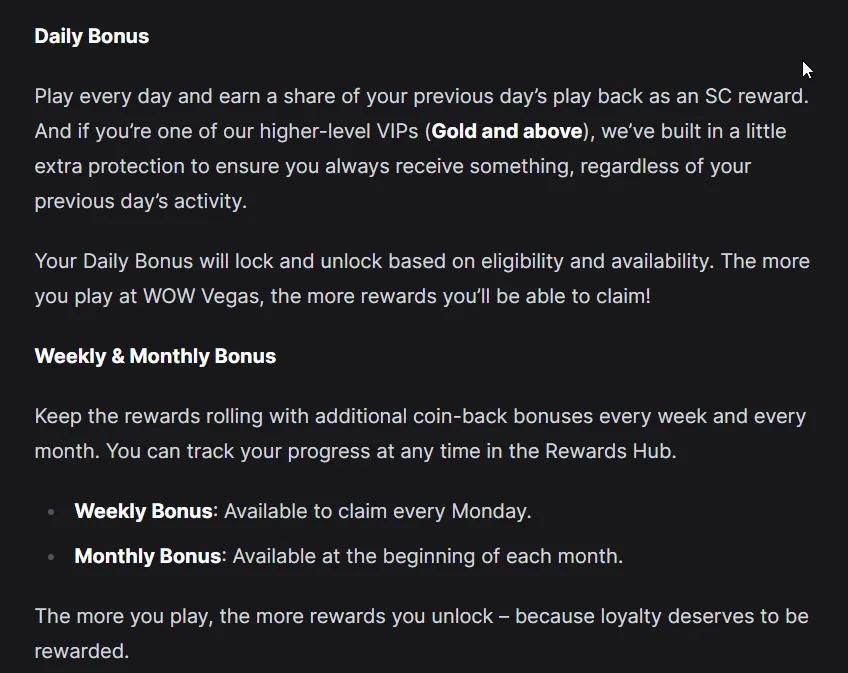 WowVegas: Bonus rules text describing Daily, Weekly and Monthly SC coin-back rewards