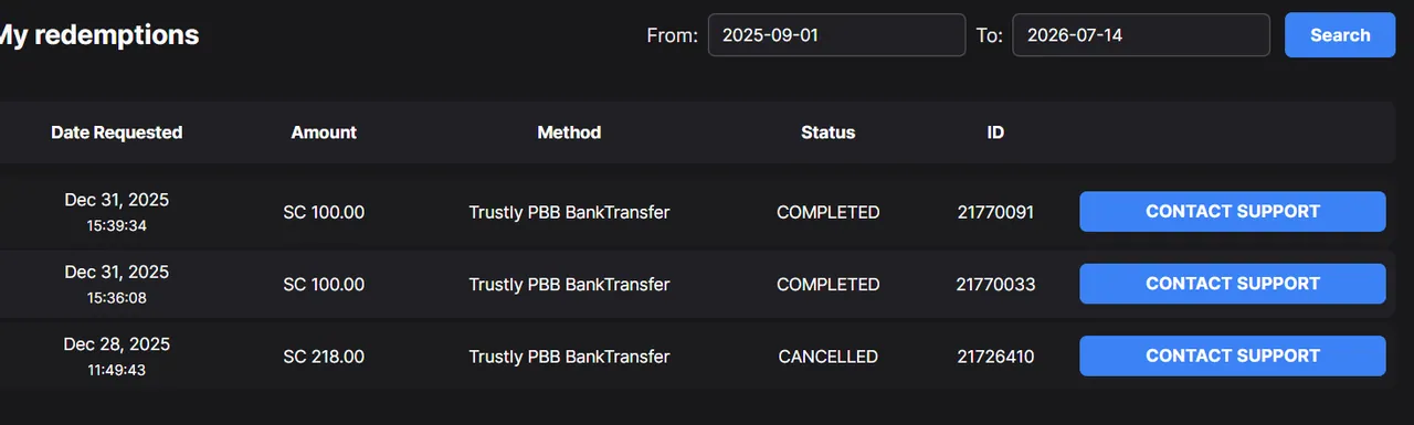 WowVegas: Redemptions: two SC 100.00 Trustly bank transfers COMPLETED, one SC 218.00 cancelled