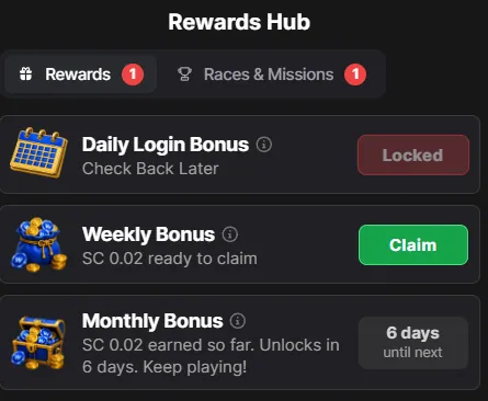 WowVegas: Rewards Hub: Daily Login locked, Weekly SC 0.02 claimable, Monthly unlocks in 6 days