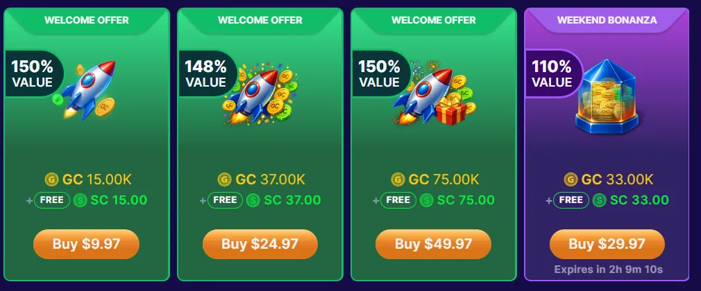 Zoot: Coin packages: 150%/148% value tiers at $9.97-$49.97 plus 110% Weekend Bonanza $29.97