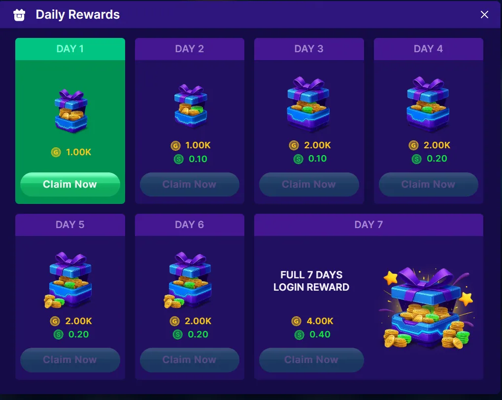 Zoot: Daily Rewards 7-day login calendar with GC and SC amounts per day